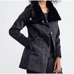 Eileen Fisher Bonded Fleece BLACK Funnel Neck Jacket Faux Fur Lined Coat XS